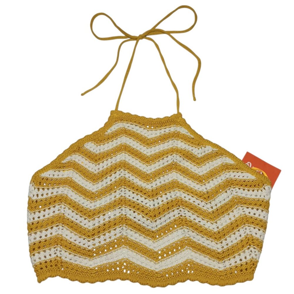 LUSH Crochet Halter Crop Top Chevron Striped Mustard White Size MEDIUM New